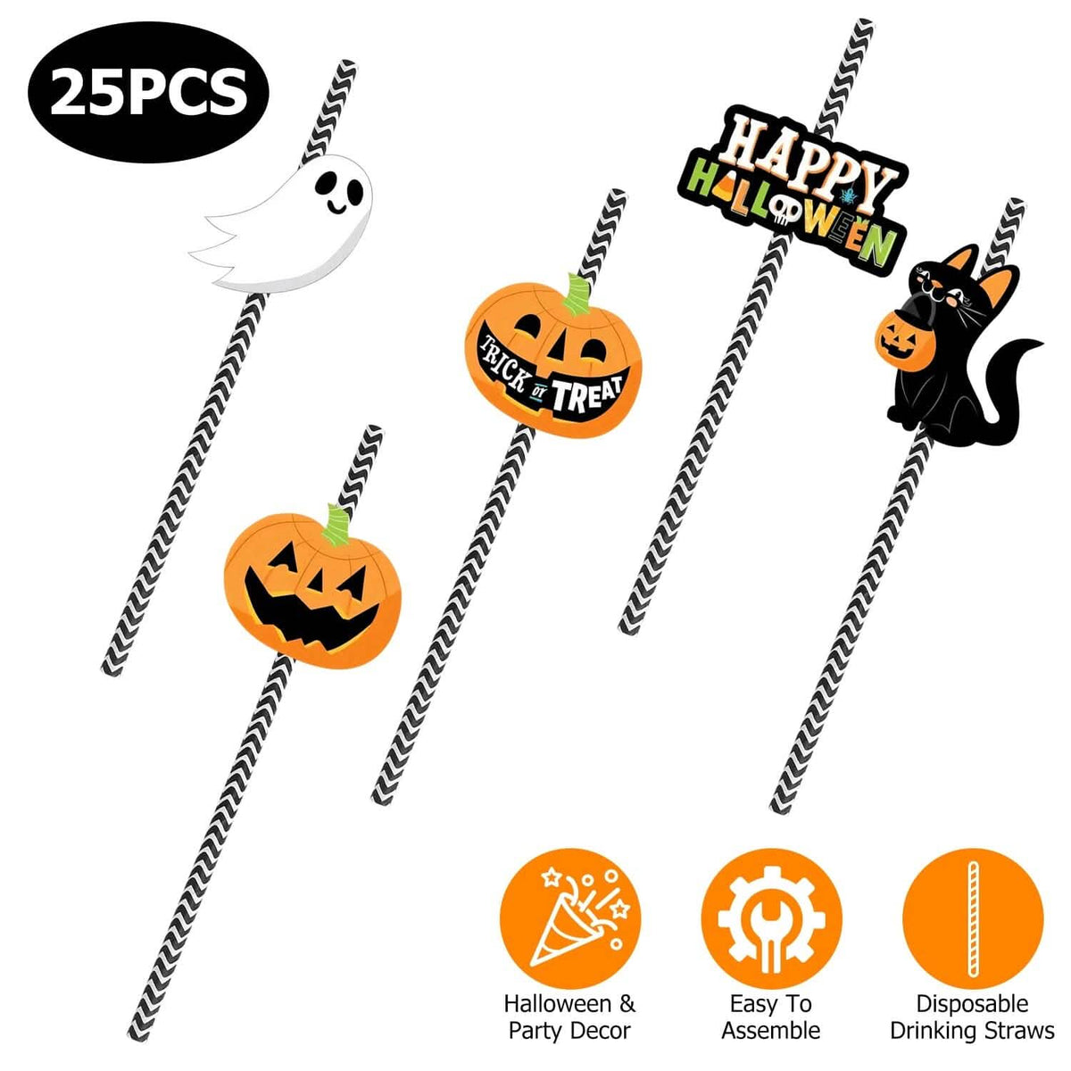 24-Pieces: Halloween Party Striped Decorative Paper Straws - A-1 Thread Vault