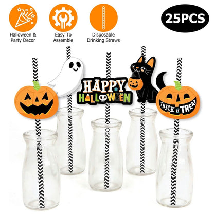 24-Pieces: Halloween Party Striped Decorative Paper Straws - A-1 Thread Vault