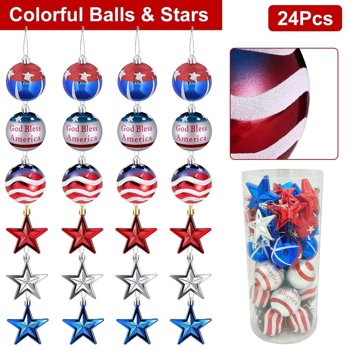 24-Pieces Set: Hanging Ornaments Ball Star Patriotic - A-1 Thread Vault