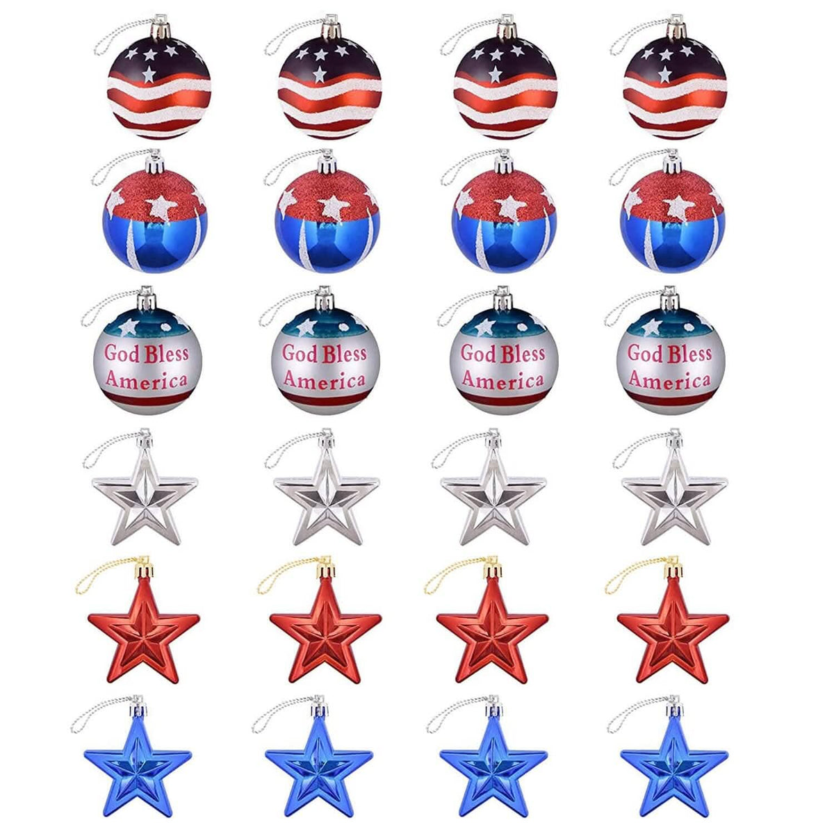 24-Pieces Set: Hanging Ornaments Ball Star Patriotic - A-1 Thread Vault