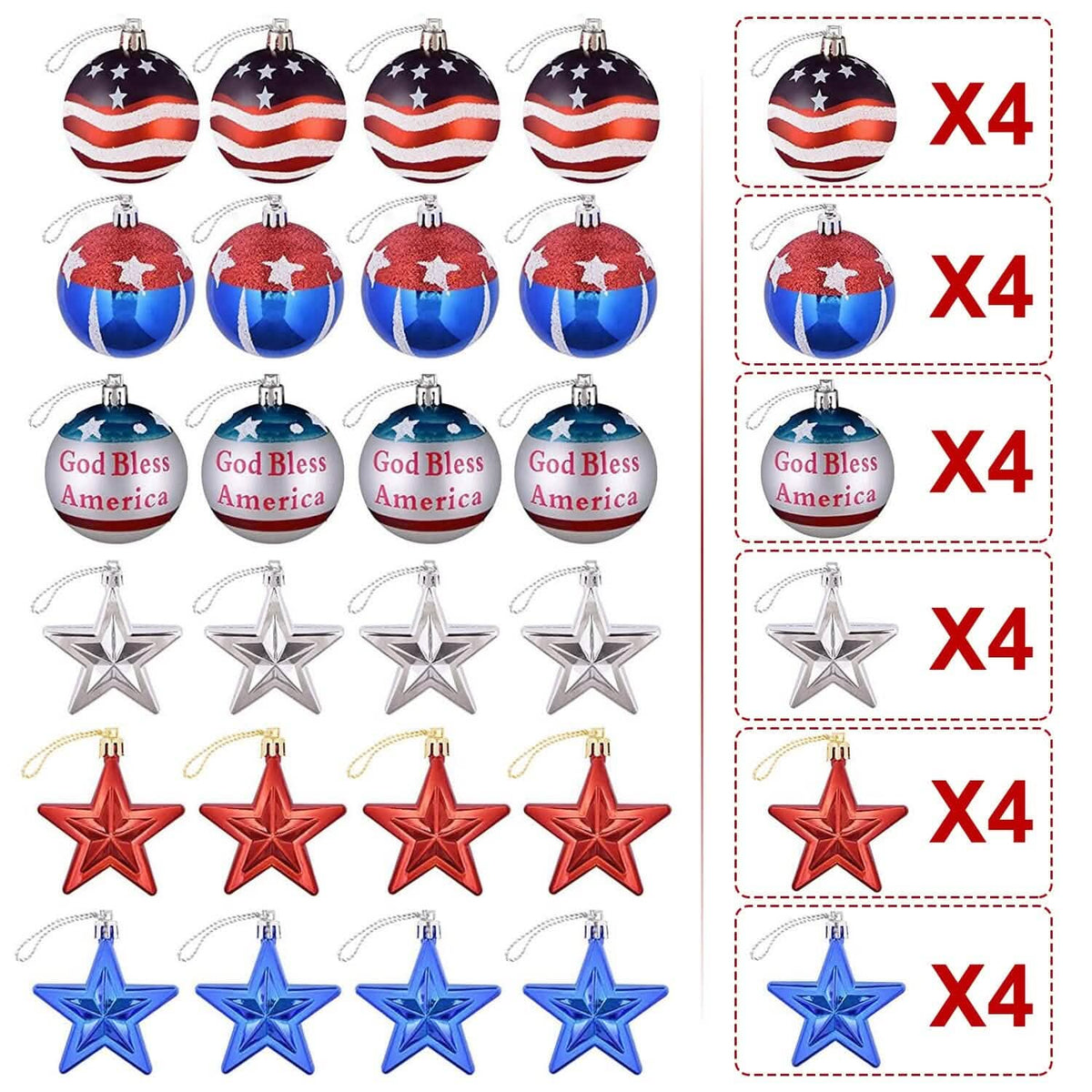 24-Pieces Set: Hanging Ornaments Ball Star Patriotic - A-1 Thread Vault