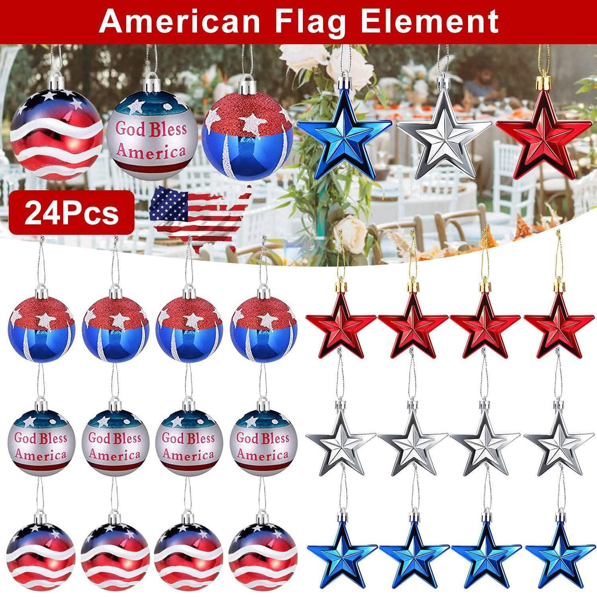 24-Pieces Set: Hanging Ornaments Ball Star Patriotic - A-1 Thread Vault
