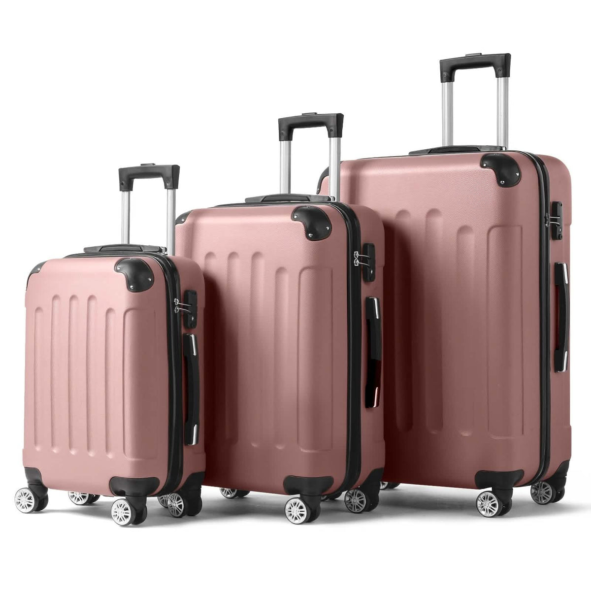 Three rose gold hard-shell suitcases of varying sizes stand in a row against a plain white background, each featuring telescoping handles, side handles, and four spinner wheels.
