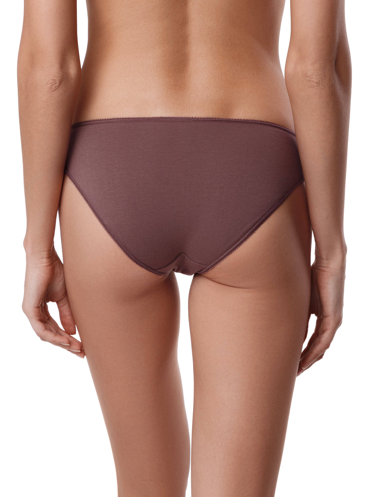 A pair of brown bikini-cut underwear viewed from behind on a person with fair skin.