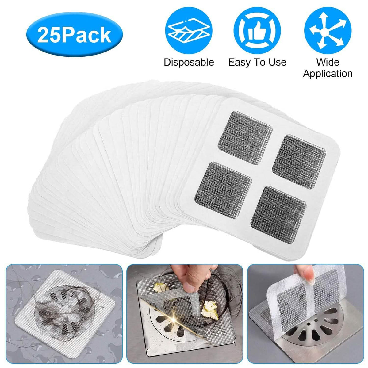 25-Pack: 3.94 x 3.94" Disposable Floor Drain Sticker Hair Catcher - A-1 Thread Vault