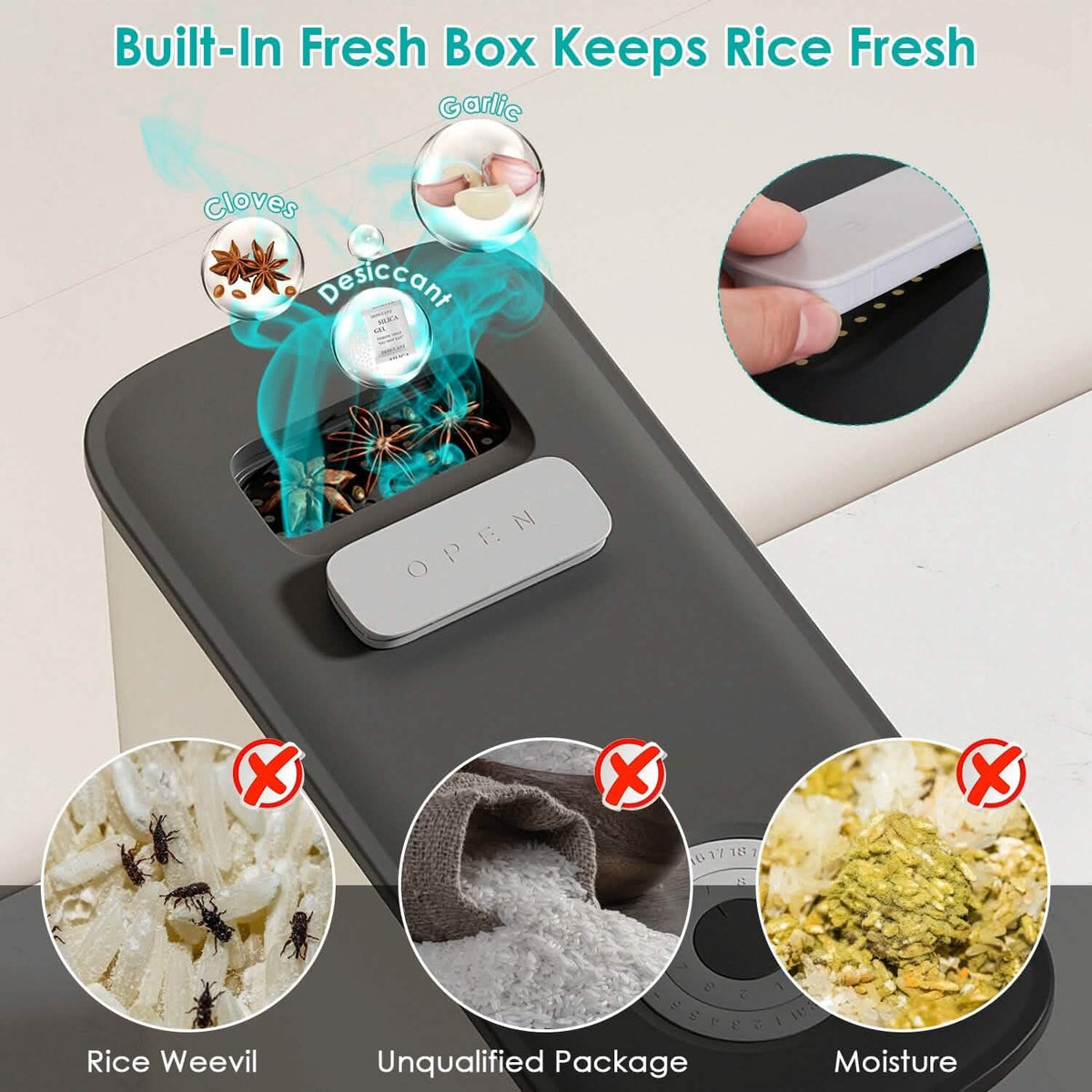 25LBS Vertical Rice Dispenser With Dustproof Lid Large Capacity Grain Storage Container With Measuring Cup Built-In - A-1 Thread Vault