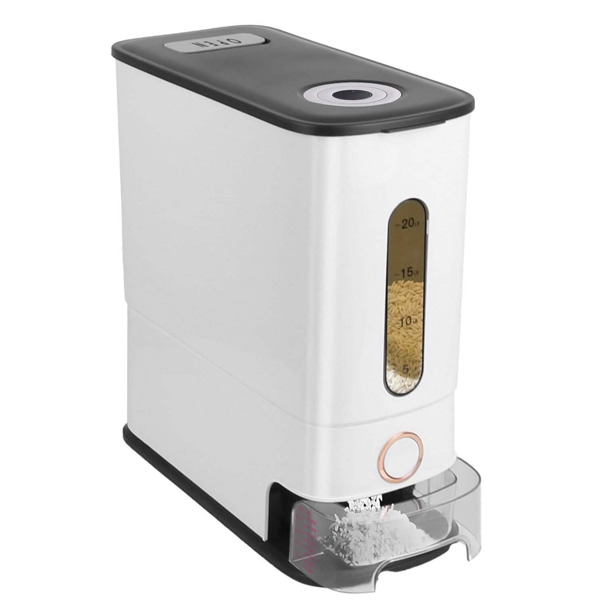 25LBS Vertical Rice Dispenser With Dustproof Lid Large Capacity Grain Storage Container With Measuring Cup Built-In - A-1 Thread Vault