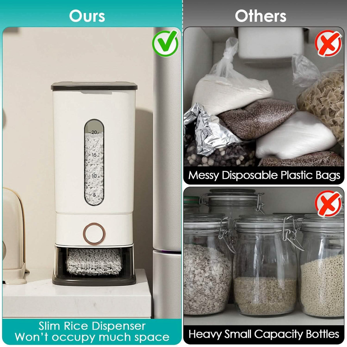 25LBS Vertical Rice Dispenser With Dustproof Lid Large Capacity Grain Storage Container With Measuring Cup Built-In - A-1 Thread Vault