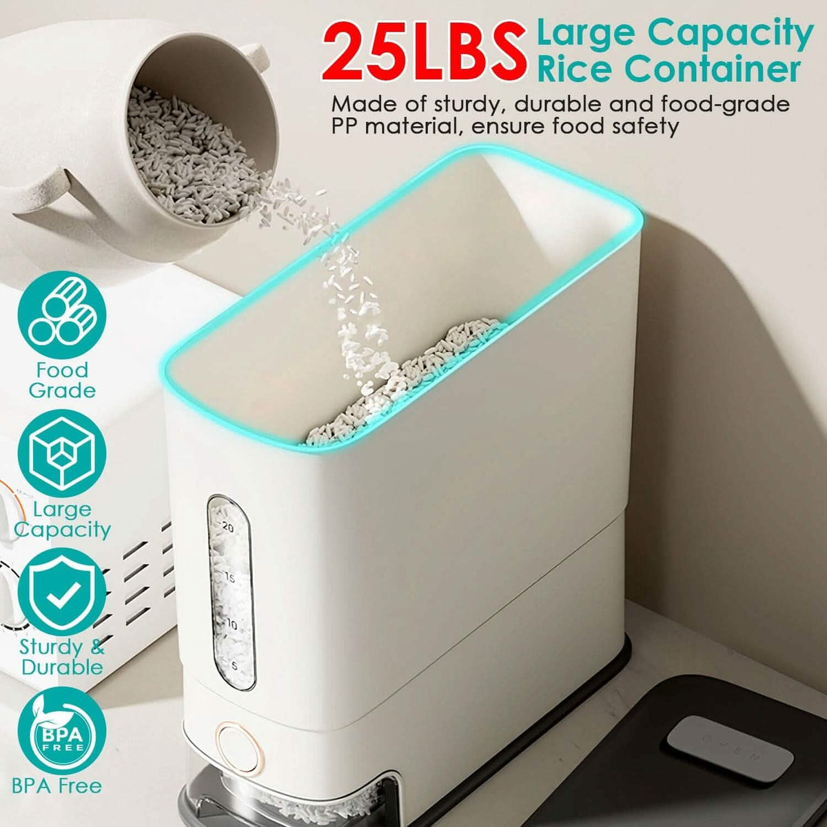 25LBS Vertical Rice Dispenser With Dustproof Lid Large Capacity Grain Storage Container With Measuring Cup Built-In - A-1 Thread Vault