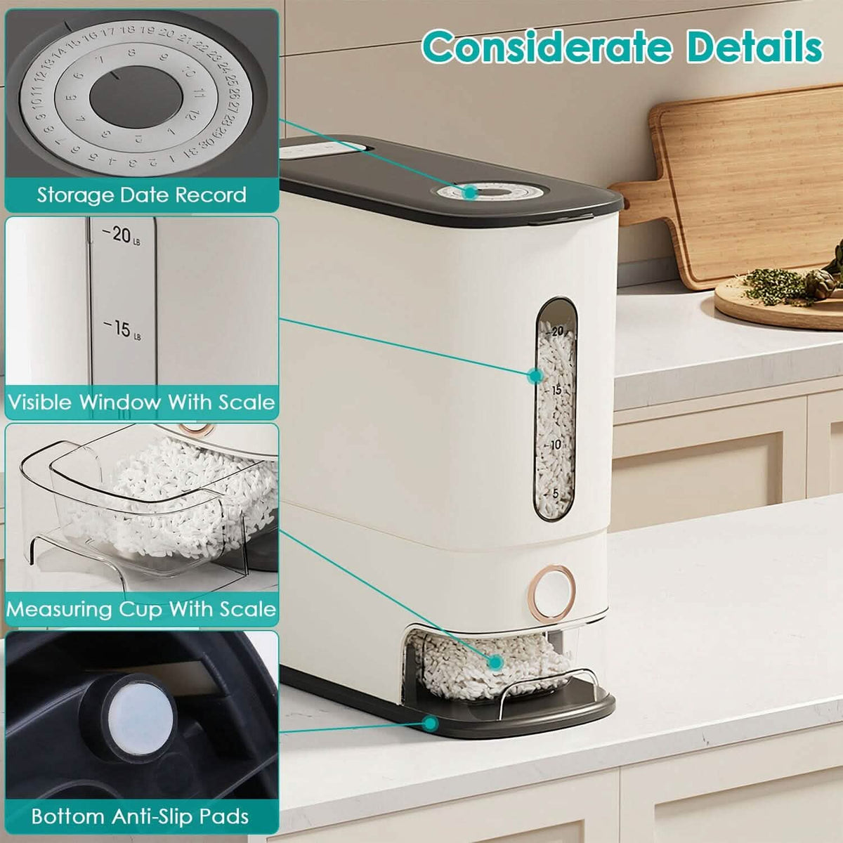 25LBS Vertical Rice Dispenser With Dustproof Lid Large Capacity Grain Storage Container With Measuring Cup Built-In - A-1 Thread Vault
