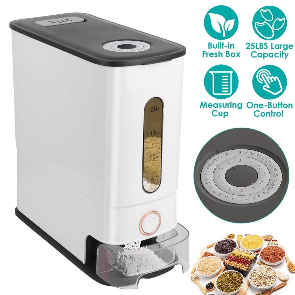 25LBS Vertical Rice Dispenser With Dustproof Lid Large Capacity Grain Storage Container With Measuring Cup Built-In - A-1 Thread Vault
