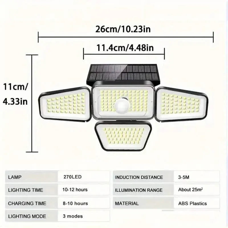 270 LEDs Solar Wall Light With Motion Sensor - 4 Head Lamp, 3 Lighting Modes Wide Angle Security Wireless Flood Light - A-1 Thread Vault