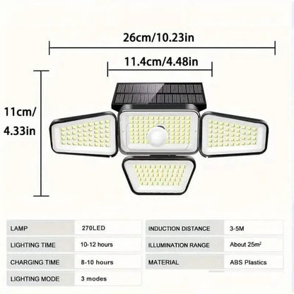 270 LEDs Solar Wall Light With Motion Sensor - 4 Head Lamp, 3 Lighting Modes Wide Angle Security Wireless Flood Light - A-1 Thread Vault