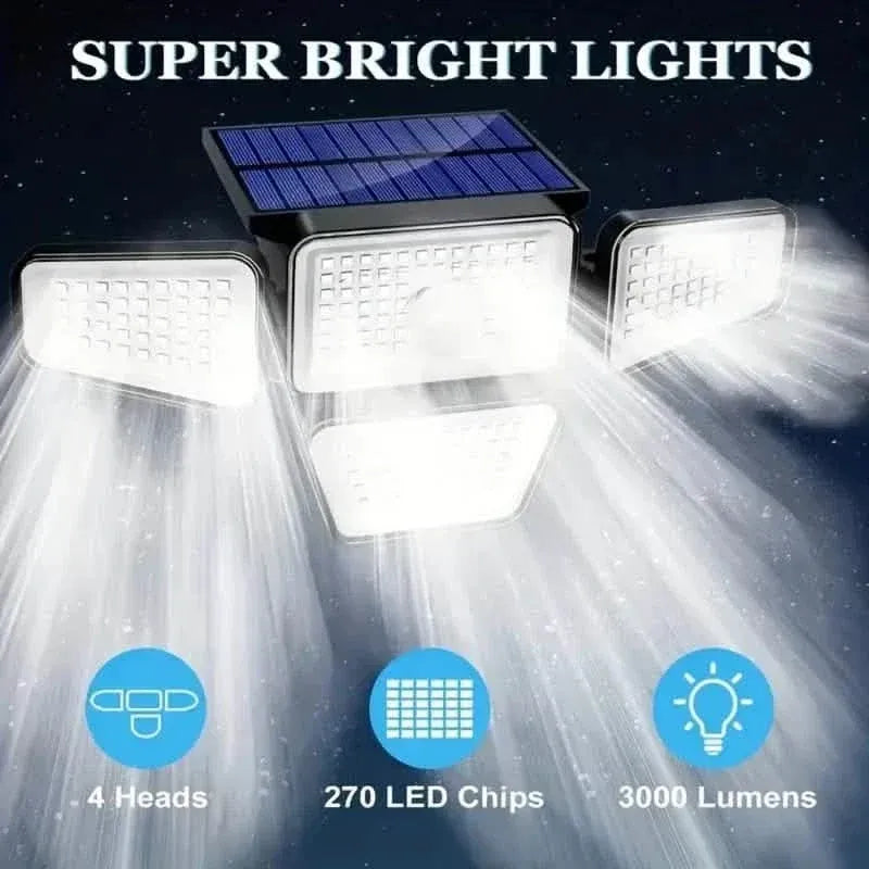 270 LEDs Solar Wall Light With Motion Sensor - 4 Head Lamp, 3 Lighting Modes Wide Angle Security Wireless Flood Light - A-1 Thread Vault
