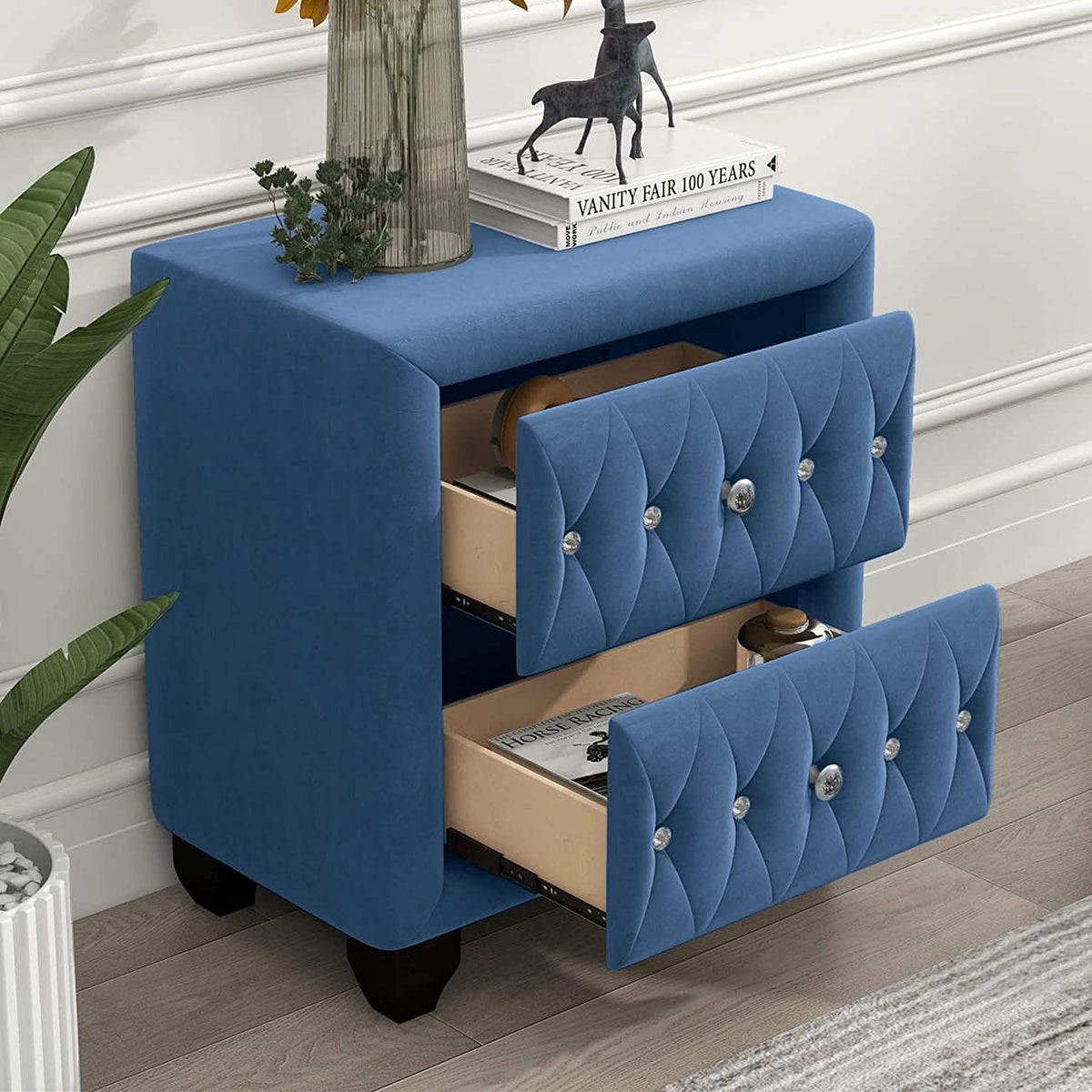 27.9" Tall Bedside Table Blue Upholstered Velvet 2-Drawer Nightstand - A-1 Thread Vault
