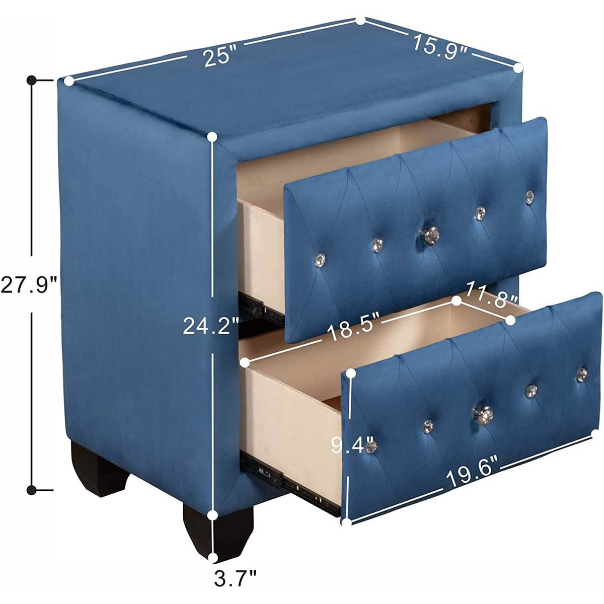 27.9" Tall Bedside Table Blue Upholstered Velvet 2-Drawer Nightstand - A-1 Thread Vault