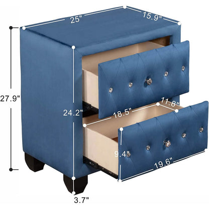 27.9" Tall Bedside Table Blue Upholstered Velvet 2-Drawer Nightstand - A-1 Thread Vault