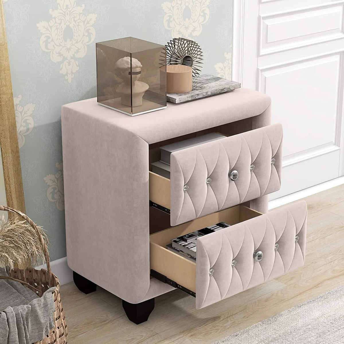 27.9" Tall Bedside Table Blue Upholstered Velvet 2-Drawer Nightstand - A-1 Thread Vault
