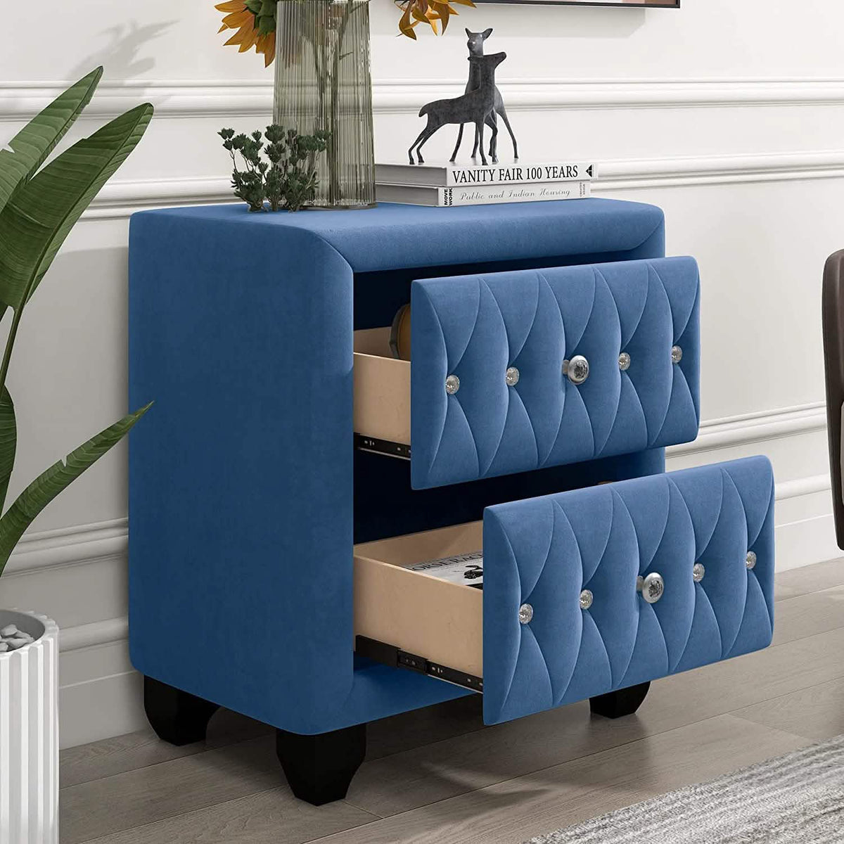27.9" Tall Bedside Table Blue Upholstered Velvet 2-Drawer Nightstand - A-1 Thread Vault