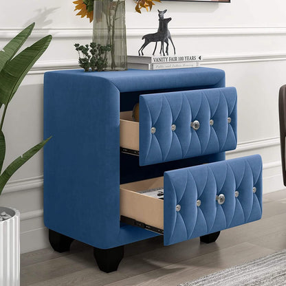 27.9" Tall Bedside Table Blue Upholstered Velvet 2-Drawer Nightstand - A-1 Thread Vault