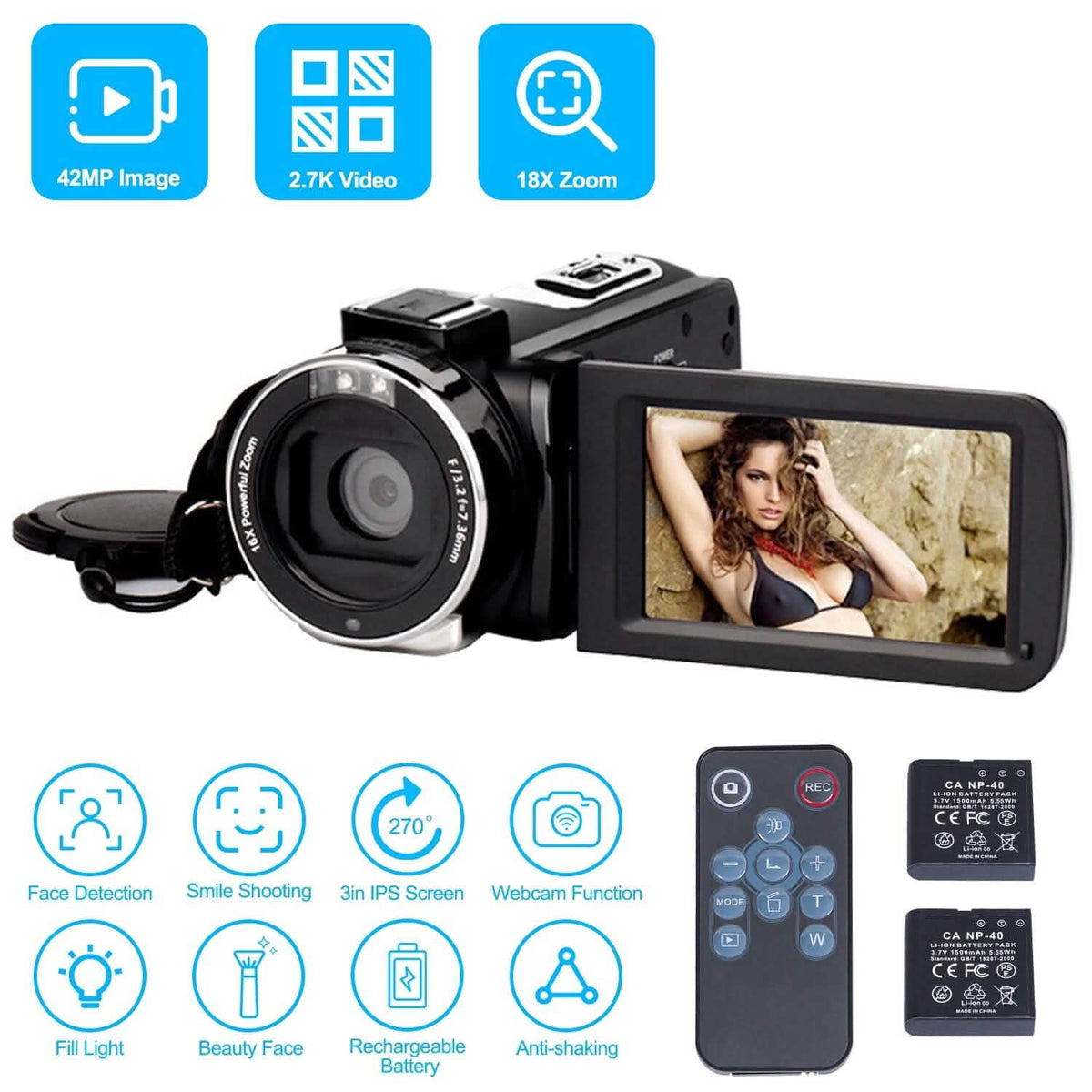 2.7K Camcorder 42MP 18x Zoom Digital Video Camera with 270° Rotating IPS Screen - A-1 Thread Vault