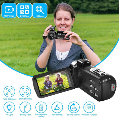 2.7K Camcorder 42MP 18x Zoom Digital Video Camera with 270° Rotating IPS Screen - A-1 Thread Vault