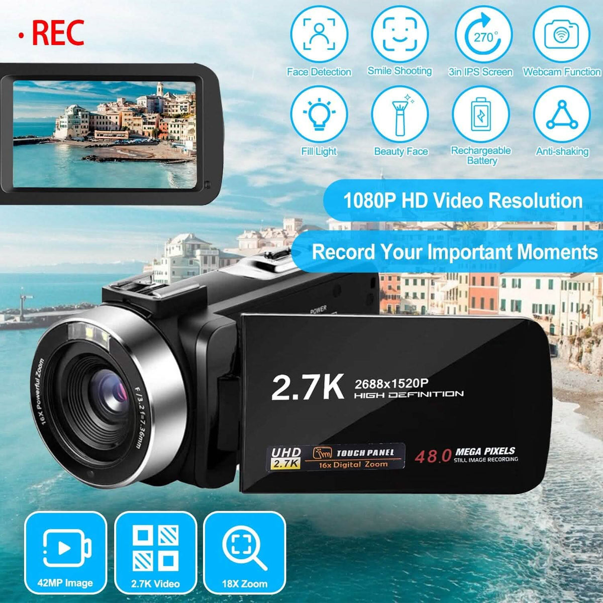 2.7K Camcorder 42MP 18x Zoom Digital Video Camera with 270° Rotating IPS Screen - A-1 Thread Vault