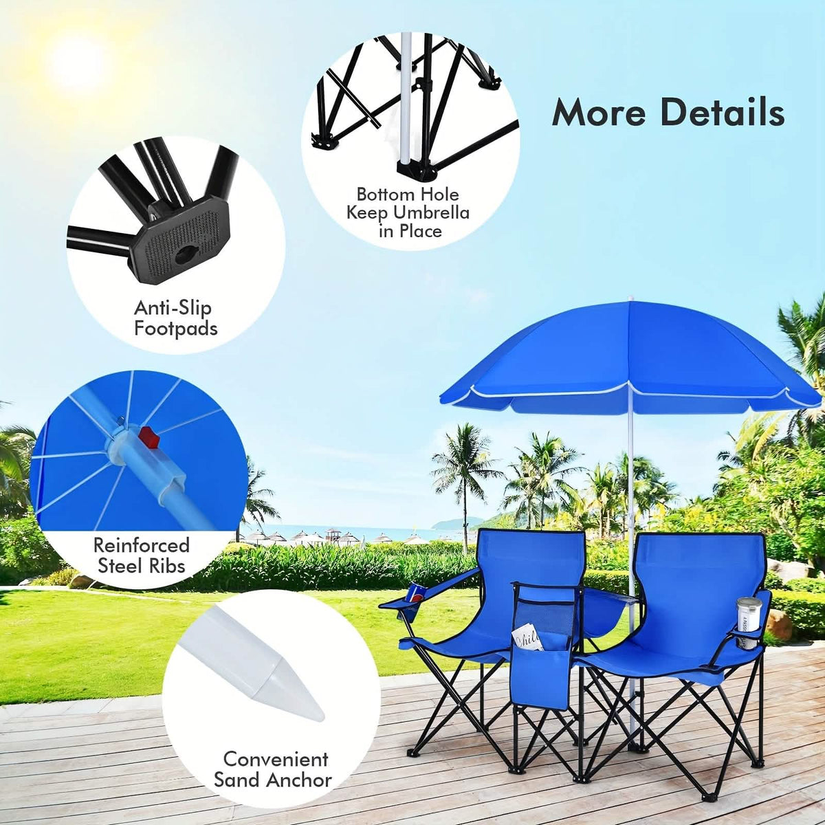Folding Double Camping Chair with Umbrella (Blue) - A-1 Thread Vault