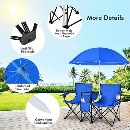 Folding Double Camping Chair with Umbrella (Blue) - A-1 Thread Vault
