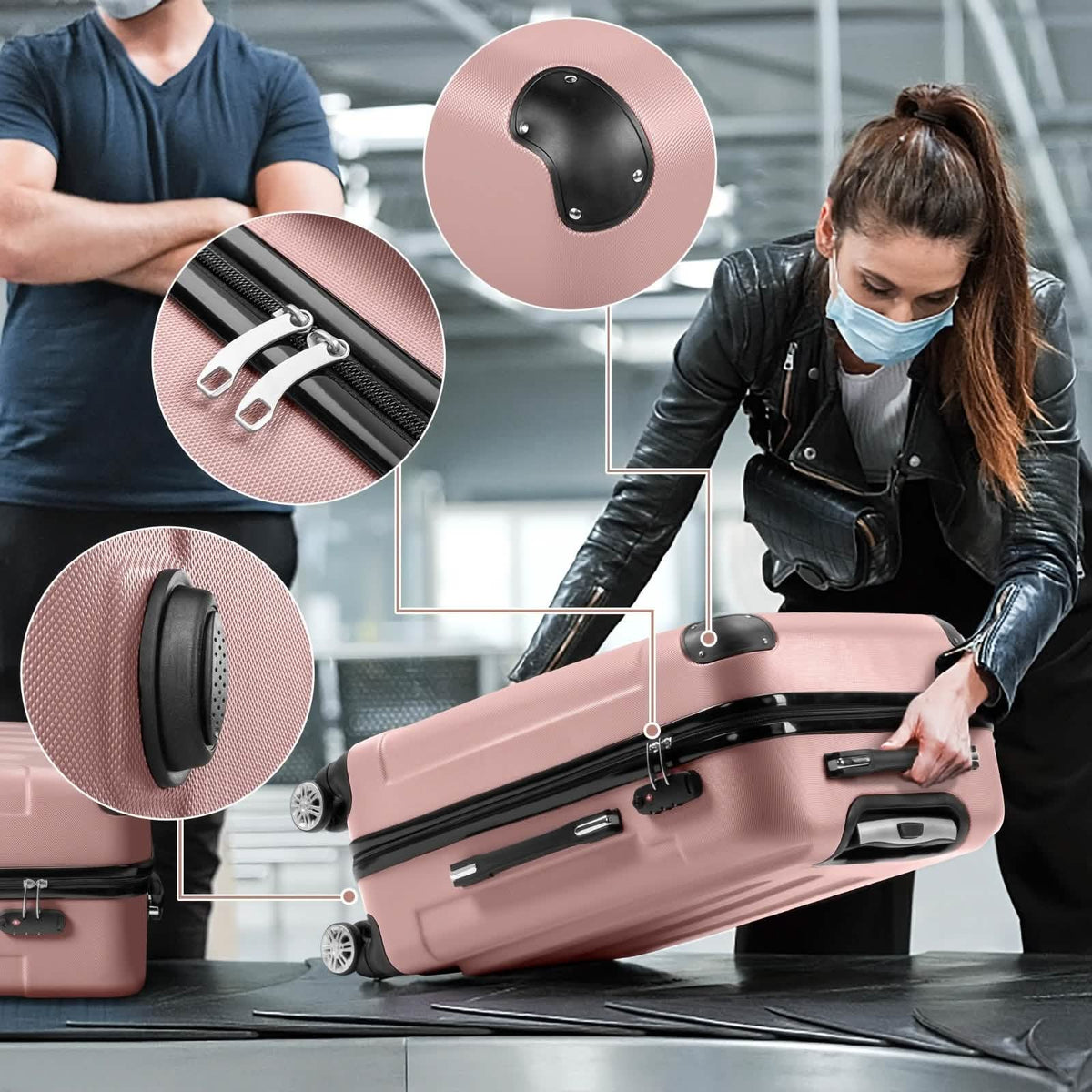 A rose-gold hard-shell suitcase with black corner protectors and wheels is being lifted by a person at an airport luggage claim carousel, with magnified detail shots showing the handle, corner guard, and side vent.