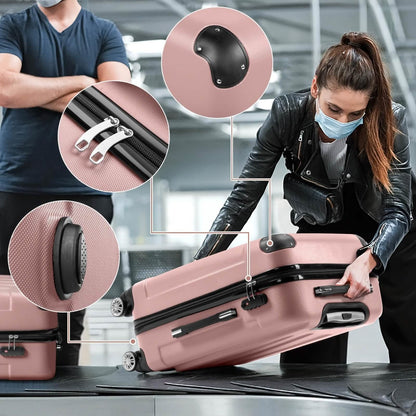 A rose-gold hard-shell suitcase with black corner protectors and wheels is being lifted by a person at an airport luggage claim carousel, with magnified detail shots showing the handle, corner guard, and side vent.