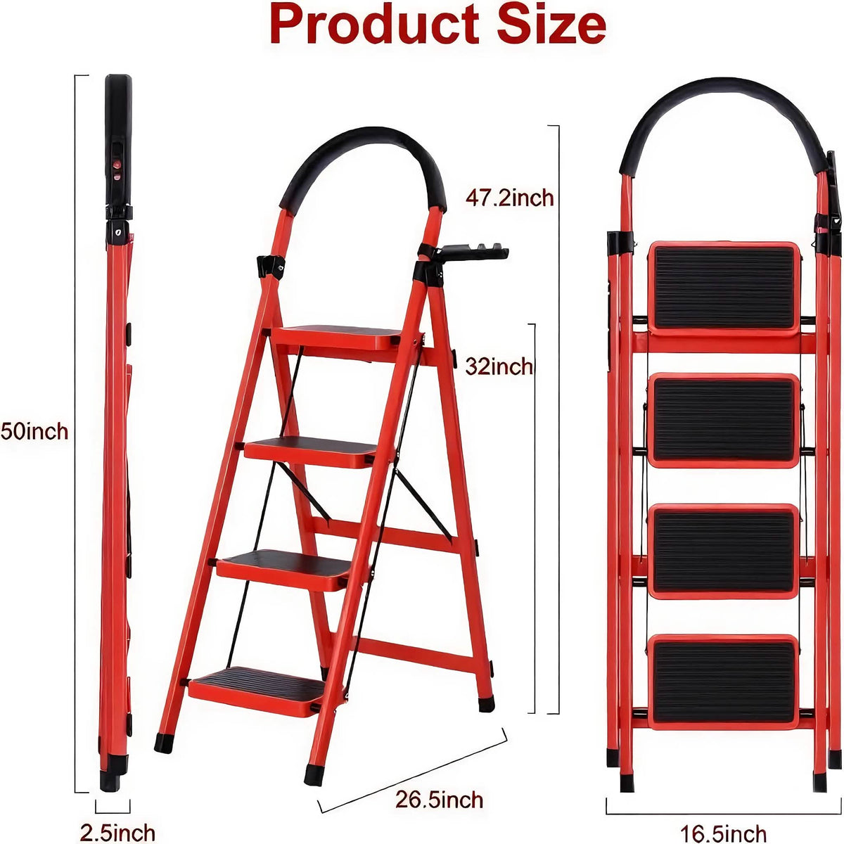 Folding 3/4-Step Ladder – Portable Steel Step Stool, Anti-Slip - A-1 Thread Vault