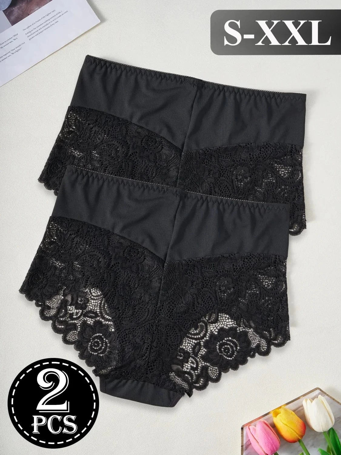 2PCS Black High Waist Women's Underwear Hollow Out Lace Floral Sexy Panties Solid Color Comfortable Briefs Lingerie S-XXL - A-1 Thread Vault