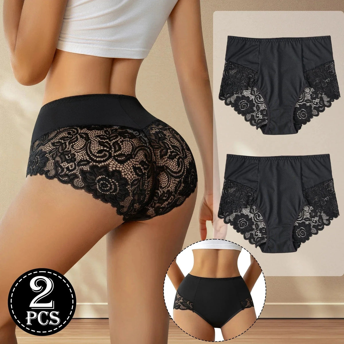 2PCS Black High Waist Women's Underwear Hollow Out Lace Floral Sexy Panties Solid Color Comfortable Briefs Lingerie S-XXL - A-1 Thread Vault