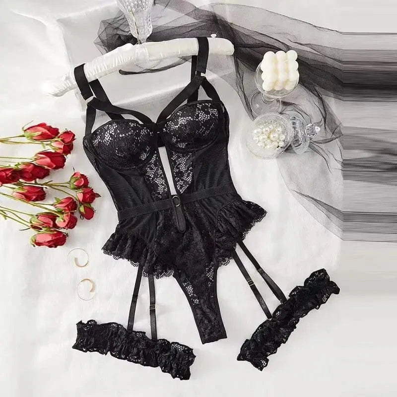 2PCS Red Floral Lace Garter Lingerie Set Erotic Underwear Bras Sets For Women Underwire Bra And Thongs Ladies Underwear Set - A-1 Thread Vault
