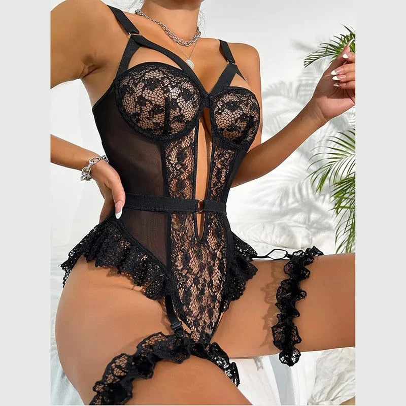 2PCS Red Floral Lace Garter Lingerie Set Erotic Underwear Bras Sets For Women Underwire Bra And Thongs Ladies Underwear Set - A-1 Thread Vault