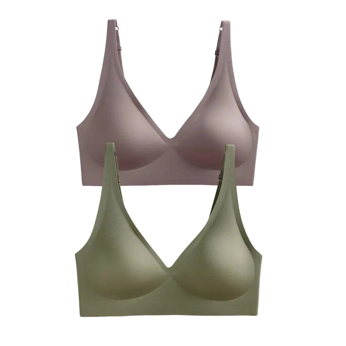 Two seamless bralettes with wide straps and a V-neckline, one in a muted mauve and the other in an olive green.