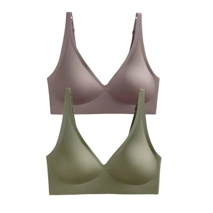 Two seamless bralettes with wide straps and a V-neckline, one in a muted mauve and the other in an olive green.