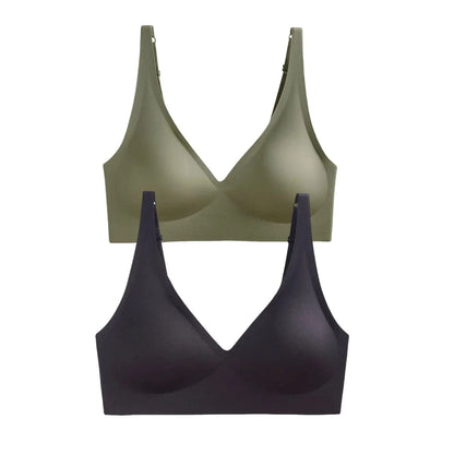 Two seamless wireless bras with v-necklines in olive green and black displayed one above the other against a white background.