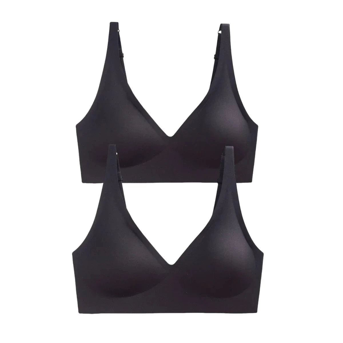 Two black seamless V-neck bralettes with adjustable straps are displayed stacked against a white background.