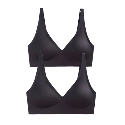 Two black seamless V-neck bralettes with adjustable straps are displayed stacked against a white background.