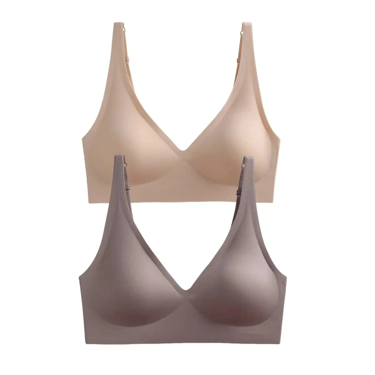 Two seamless wireless bras in nude and muted taupe colors are stacked vertically against a white background.