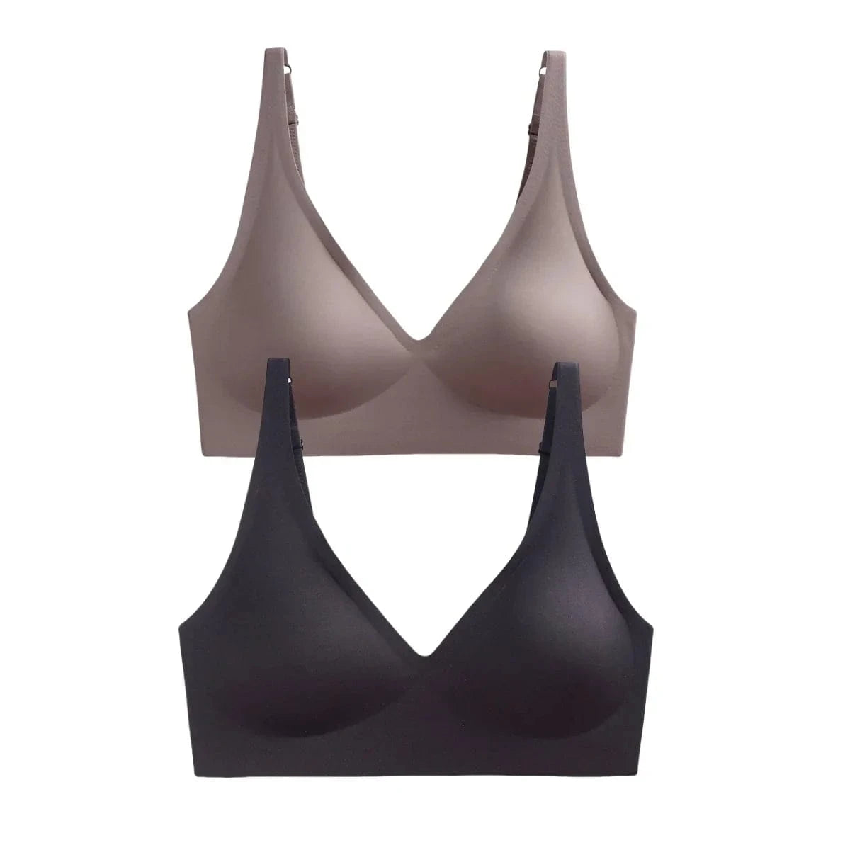 Two seamless bras with V-necklines and adjustable shoulder straps are displayed vertically, one in a taupe shade and one in black.