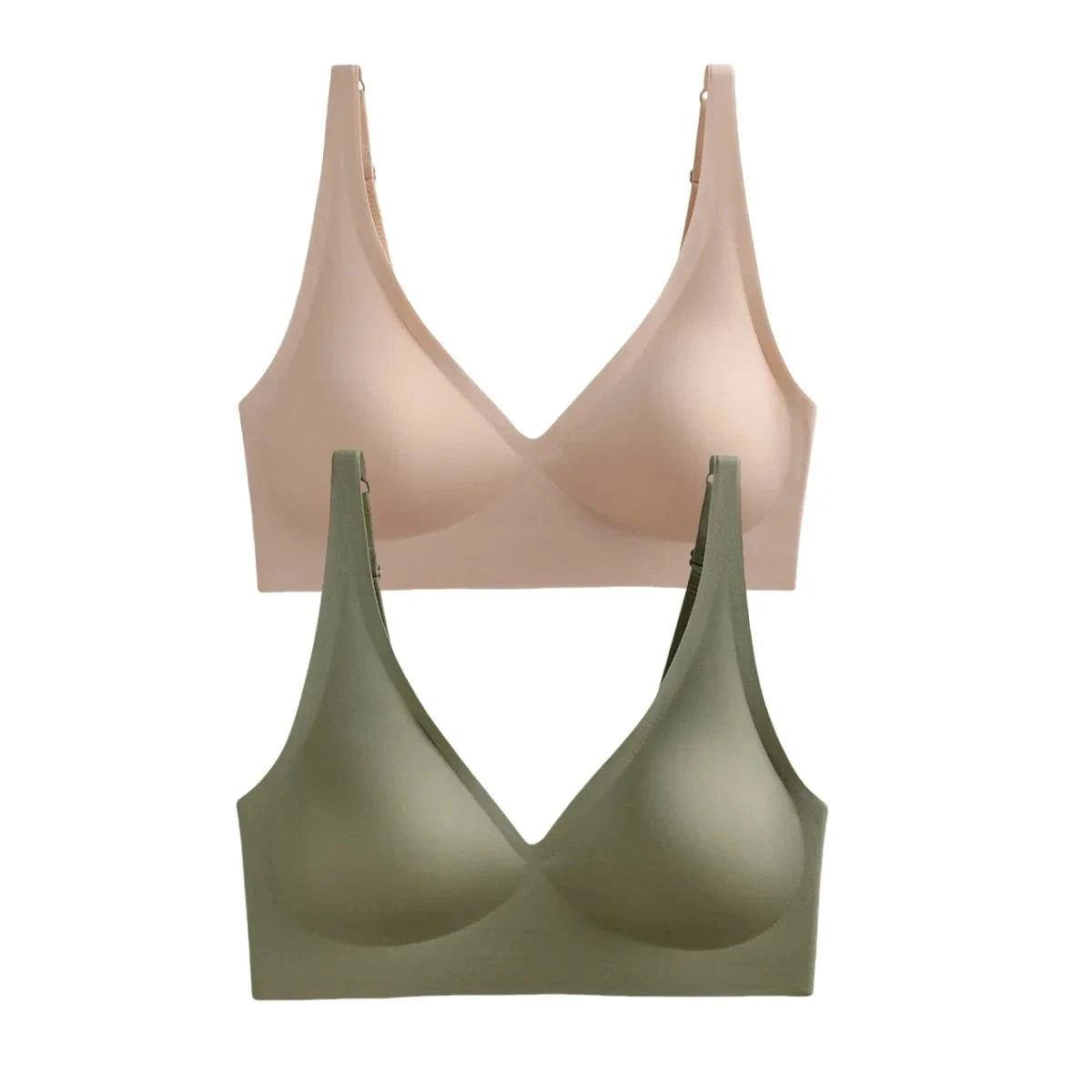 Two seamless, v-neck bralettes are displayed, one in a nude beige tone positioned behind one in a muted olive green.