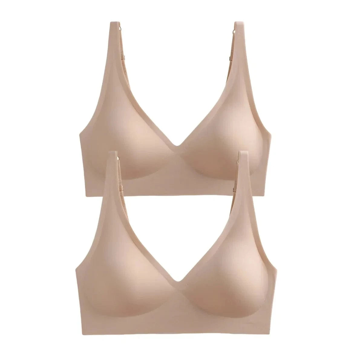 Two identical beige V-neck wireless bras with thin adjustable straps arranged vertically against a plain white background.