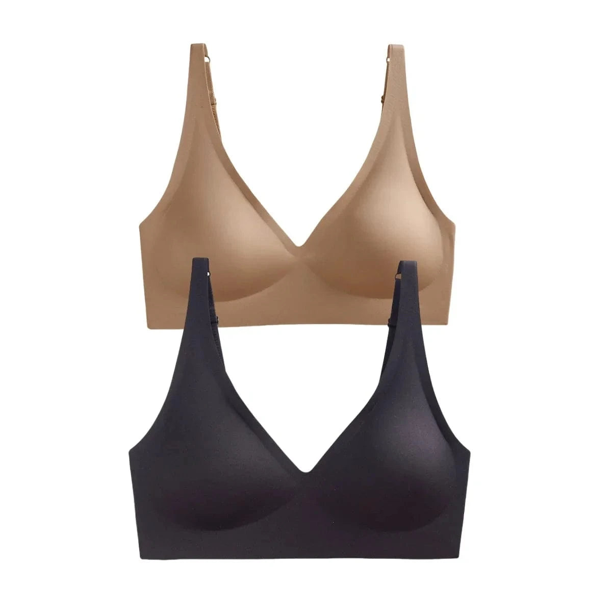 Two seamless wireless bras stacked vertically, one in beige and one in black, featuring V-neckline cups and adjustable shoulder straps.