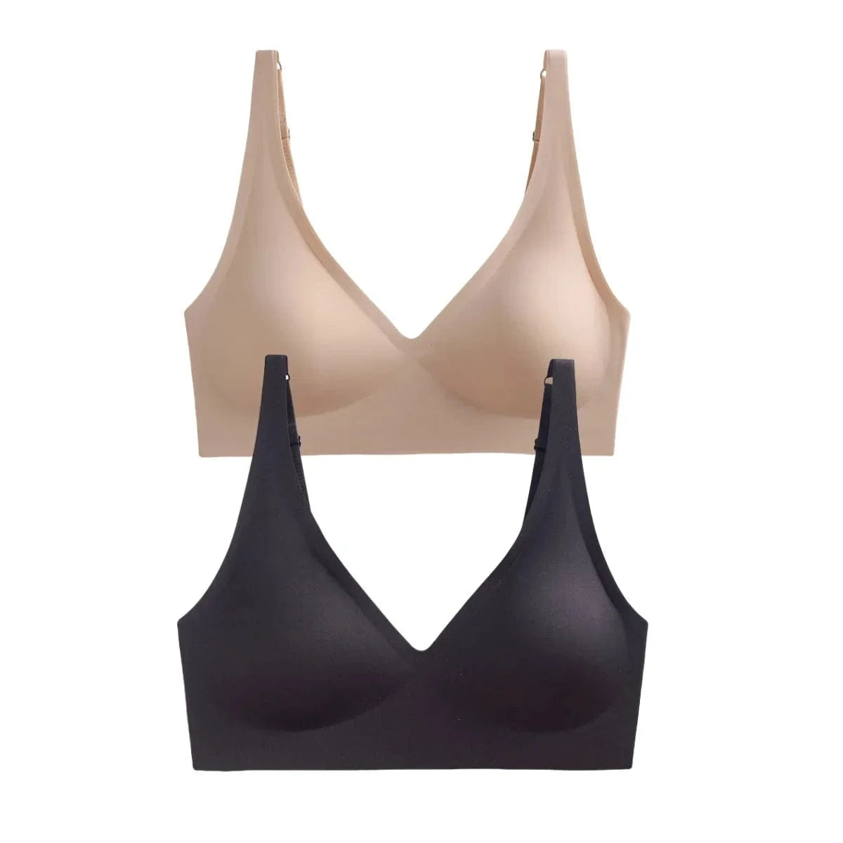 Two seamless wireless bras, one in beige and one in black, are stacked vertically against a white background.