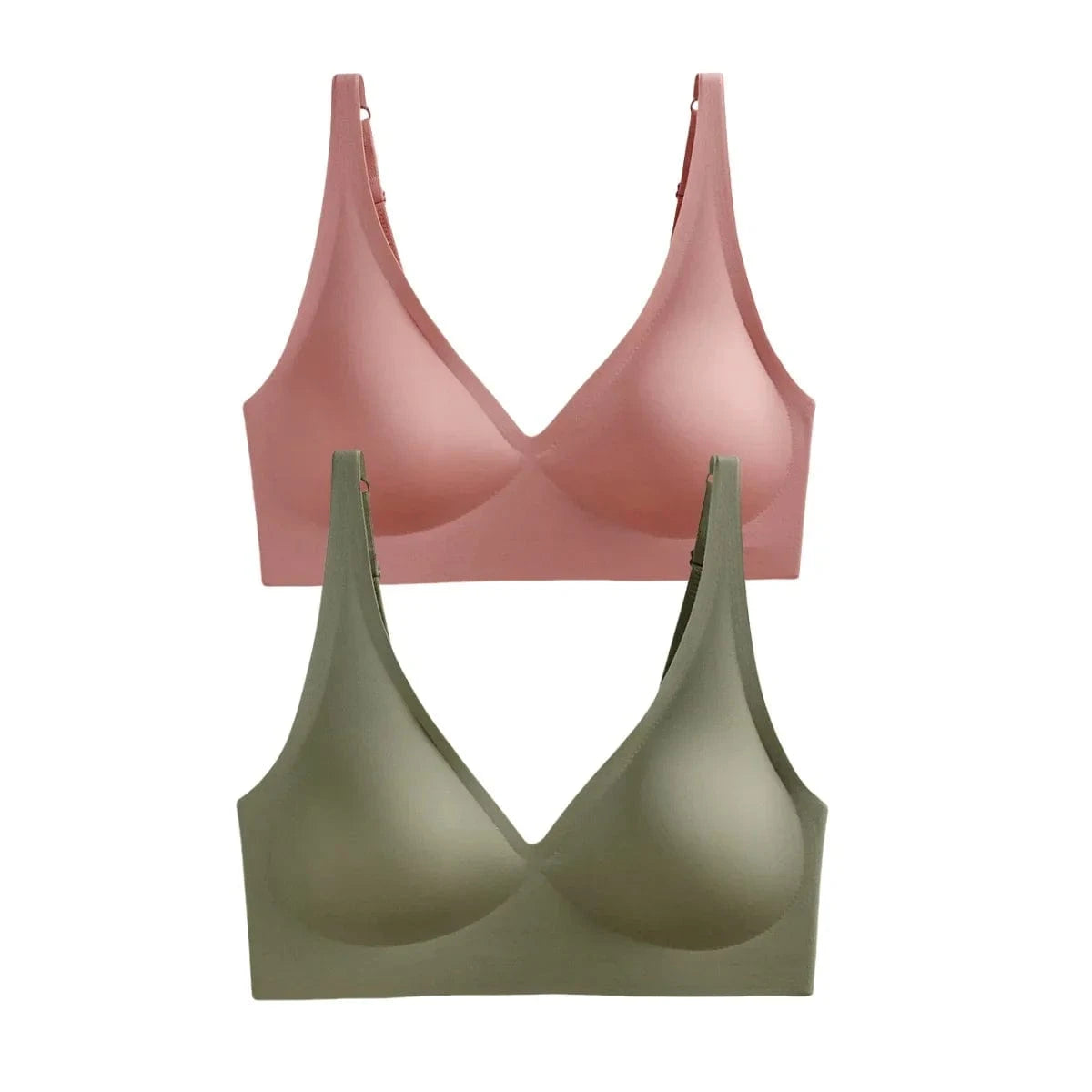 Two seamless, wireless bras with V-necklines stacked vertically, one in dusty rose and one in olive green.