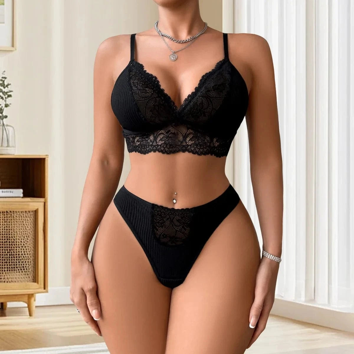 2pcs/Set Women's Underwear Set Sexy Lace Ribbed Bras Panty Sets Breathable Floral Sexy Lingerie Outfit Wire-Free Padless Bras - A-1 Thread Vault