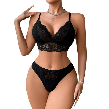 2pcs/Set Women's Underwear Set Sexy Lace Ribbed Bras Panty Sets Breathable Floral Sexy Lingerie Outfit Wire-Free Padless Bras - A-1 Thread Vault